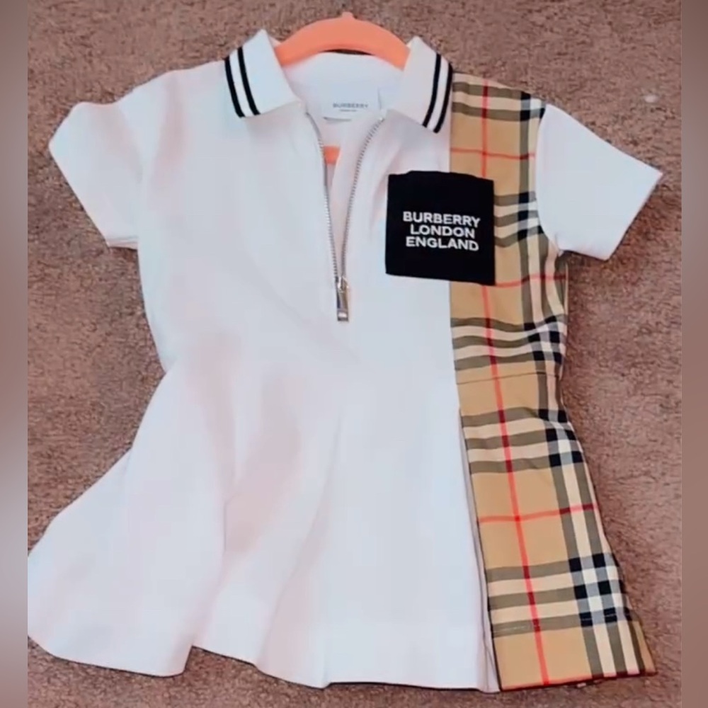 Burberry White Polo Dress with Classic Check Panel